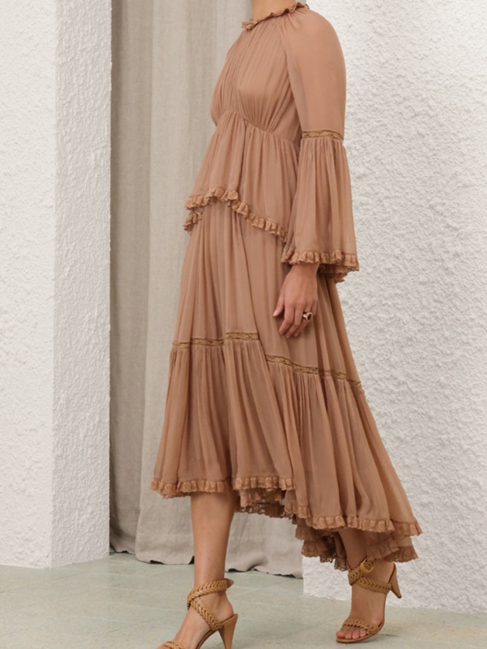 NWT New ZIMMERMANN Hypnotic Peplum Flutter Tiered Midi Dress in Biscuit Size 0 - Picture 11 of 13